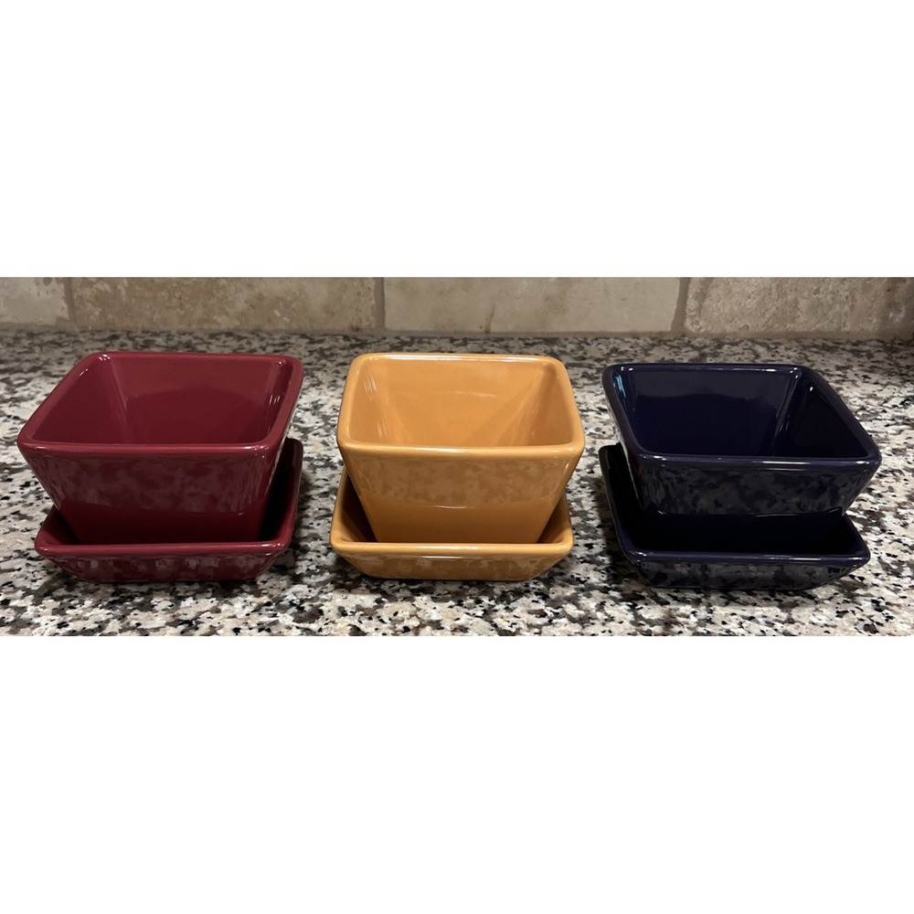 Set Of 3 Pampered Chef Simple Additions Snack Dipping Serving Bowls On Plates